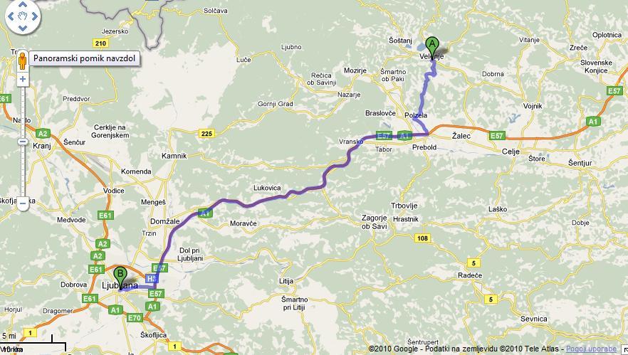 Iskanje najkrajše poti Slika 1: Zemljevid poti iz Velenja do Ljubljane ostalih vozliščih.