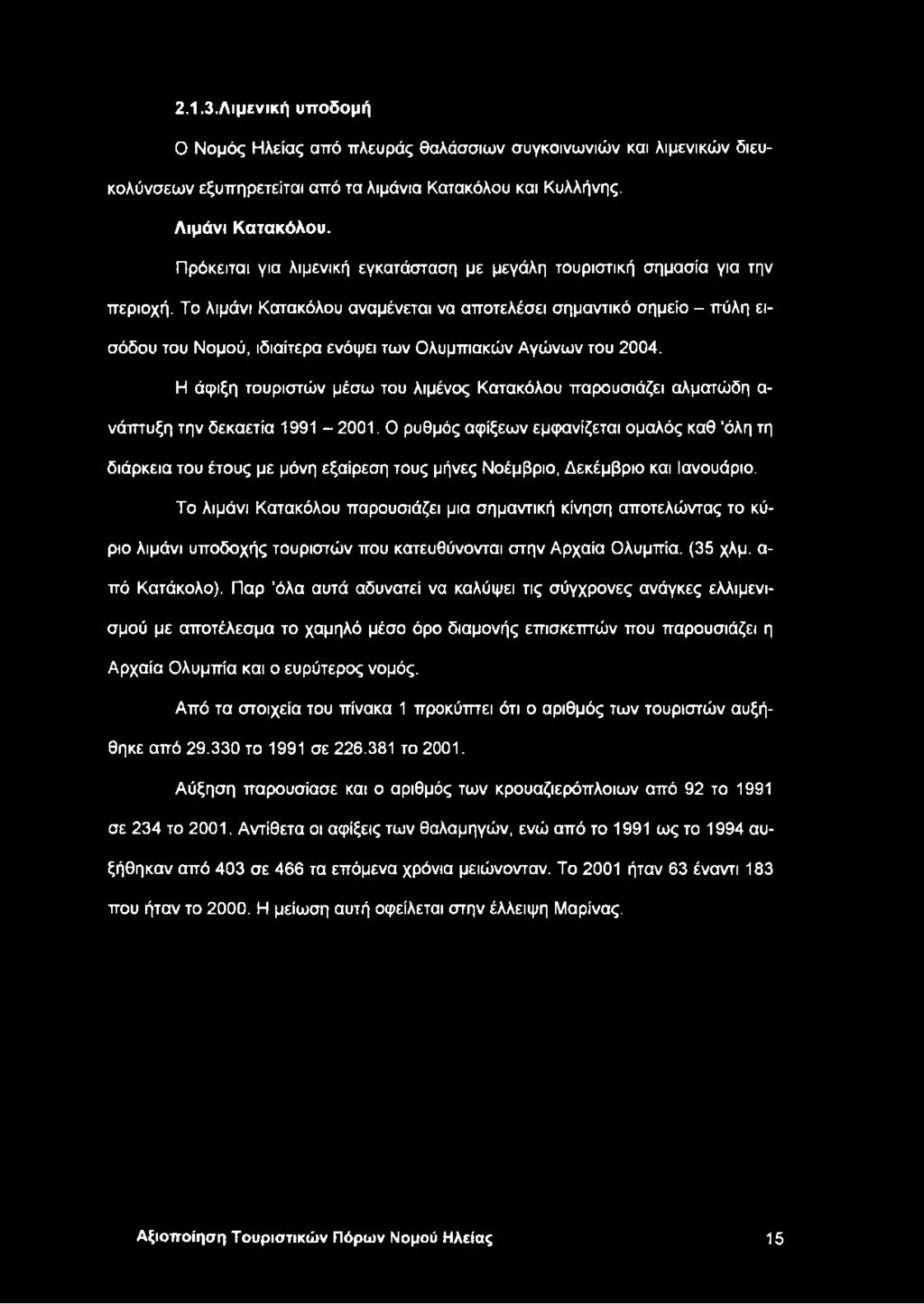 Το λιμάνι Κατακόλου αναμένεται να αποτελέσει σημαντικό σημείο - πύλη εισόδου του Νομού, ιδιαίτερα ενόψει των Ολυμπιακών Αγώνων του 2004.