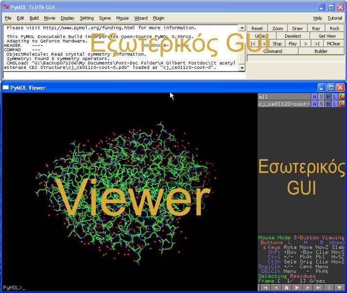 4. Τα παράθυρα του PyMOL Το PyMOL ανοίγει δυο παράθυρα: Το εσωτερικό και εξωτερικό παράθυρο του GUI.
