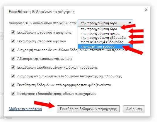 Αφού κάνουμε ότι ακριβώς δείχνουν τα παραπάνω κόκκινα βέλη πατάμε «Εκκαθάριση δεδομένων περιήγησης» κλείνουμε τον Google chrome και τον ανοίγουμε πάλι.