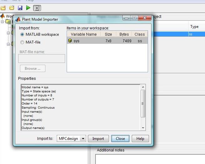 Εικόνα 2 Οθόνη εισαγωγής μοντέλου στο mpctool Όπως φαίνεται και παρακάτω, εισάγουμε το μοντέλο sys που δημιουργήσαμε