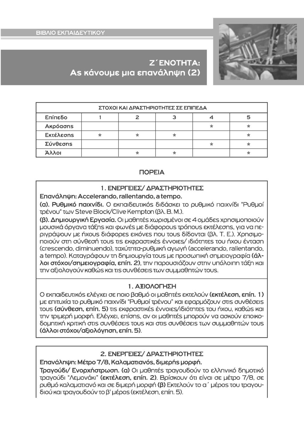 ΣΤΟΧΟΙ ΚΑΙ ΔΡΑΣΤΗΡΙΟΤΗΤΕΣ ΣΕ ΕΠΙΠΕΔΑ Επίπεδο 1 2 3 4 5 Ακρόασηε * * Εκτέλεσηε * * * * Σύνθεσηε * * Αλλοι * * * ΠΟΡΕΙΑ 1. ΕΝΕΡΓΕΙΕΣ/ ΔΡΑΣΤΗΡΙΟΤΗΤΕΣ Επανάληψη: Accelerando, rallentando, a tempo. (α).
