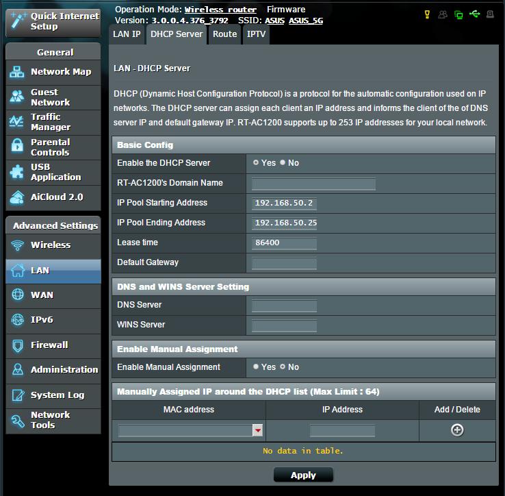 Για να τροποποιήσετε τις ρυθμίσεις LAN IP: 1. Από τον πίνακα πλοήγησης, πηγαίνετε στο Advanced Settings (Ρυθμίσεις για προχωρημένους) > LAN > καρτέλα LAN IP 2.