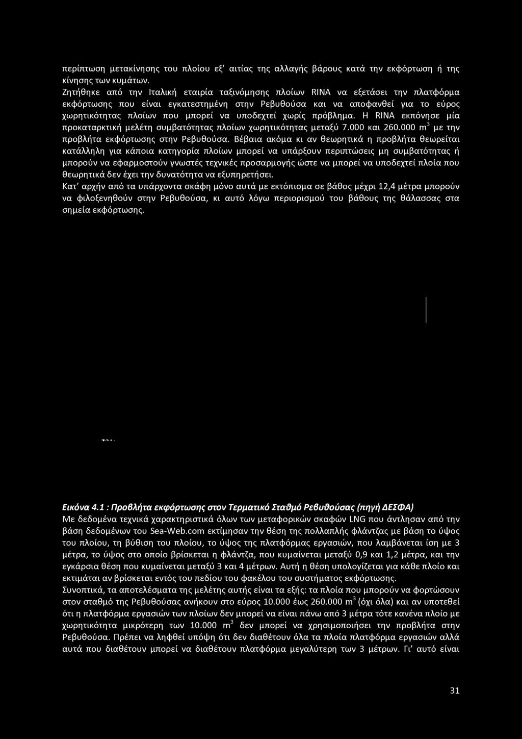 υποδεχτεί χωρίς πρόβλημα. Η RINA εκπόνησε μία προκαταρκτική μελέτη συμβατότητας πλοίων χωρητικότητας μεταξύ 7.000 και 260.000 m3 με την προβλήτα εκφόρτωσης στην Ρεβυθούσα.