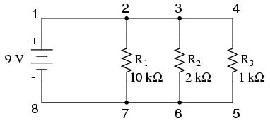 Putem observa căderea de tensiune pe fiecare rezistor în parte şi faptul că suma acestor căderi de tensiune (1,5 V + 5 V + 2,5 V) este egală cu tensiunea la bornele bateriei, 9 V.