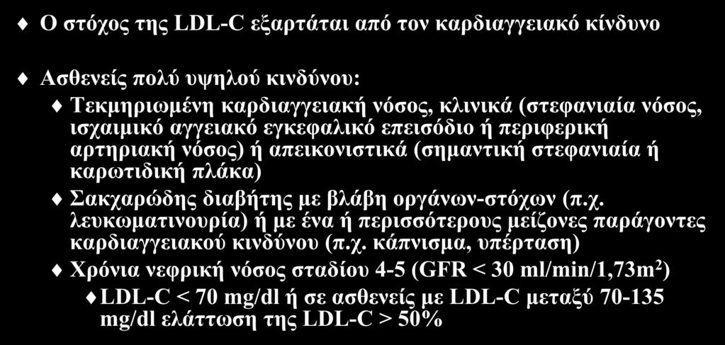 Καθορισμός στόχου LDL-C Ο στόχος της LDL-C εξαρτάται από τον καρδιαγγειακό κίνδυνο Ασθενείς πολύ υψηλού κινδύνου: Τεκμηριωμένη καρδιαγγειακή νόσος, κλινικά (στεφανιαία νόσος, ισχαιμικό αγγειακό