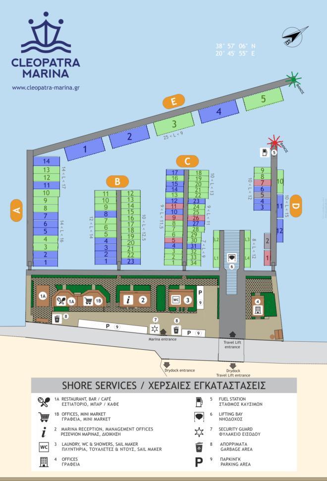 Εικόνα 4.1.Κάτοψη θέσεων ελλιμενισμού Κλεοπάτρα Μαρίνα. Πηγή: Κλεοπάτρα Μαρίνα Το είδος της πρόσδεσης διακρίνεται σε πλαγιοδέτηση και πρυμοδέτηση.