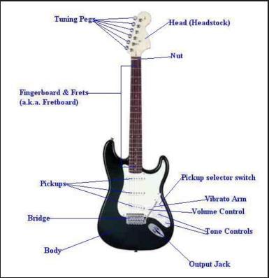 1.1) Βασικά μέρη από τα οποία αποτελείται το μοντέλο της ηλεκτρική κιθάρας Εικόνα 1-1: Ανατομία οργάνου 1 Σύμφωνα με την παραπάνω εικόνα παρατηρούμε ποια είναι τα βασικά χαρακτηριστικά της ηλεκτρικής