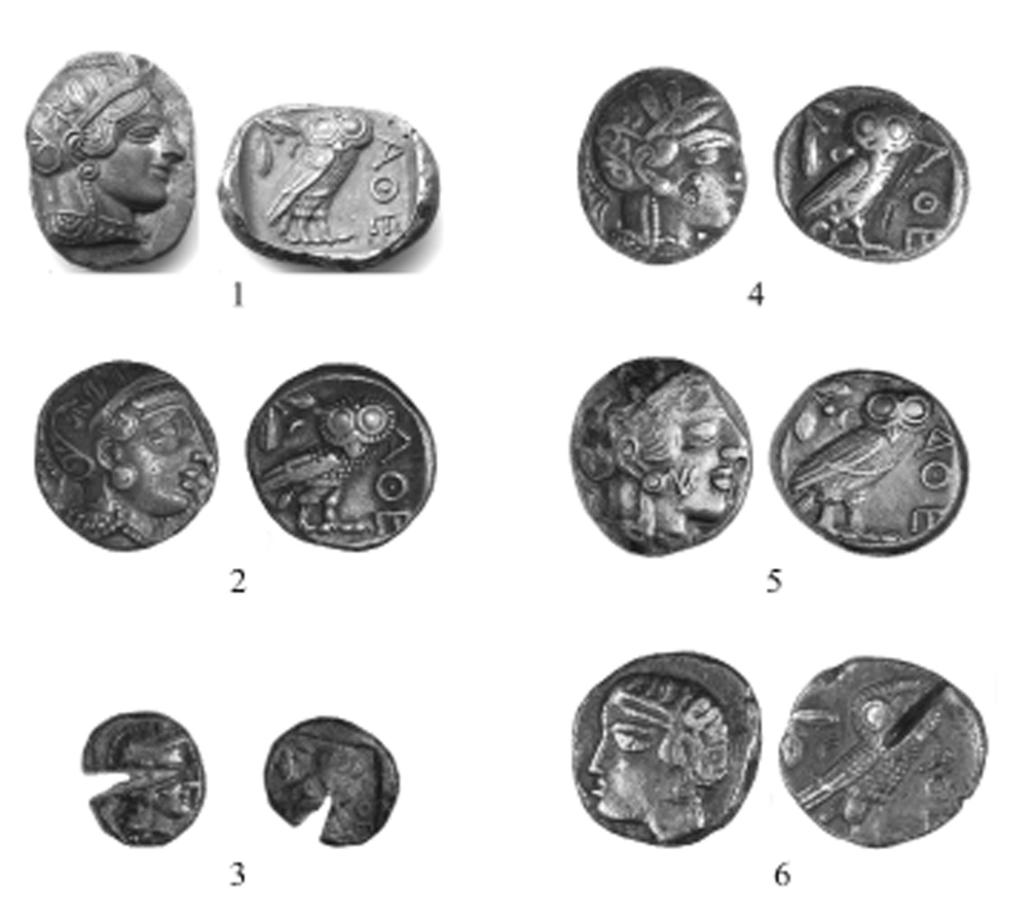 228 CHAPTER 6 Figure 6.1. Athenian state-issued owls (left column: 1 3) and imitation silver owls (right column: 4 6). 1. Athens, late 5th c. AR tetradrachm (bona fide owl) 17.15 g (ANS 199