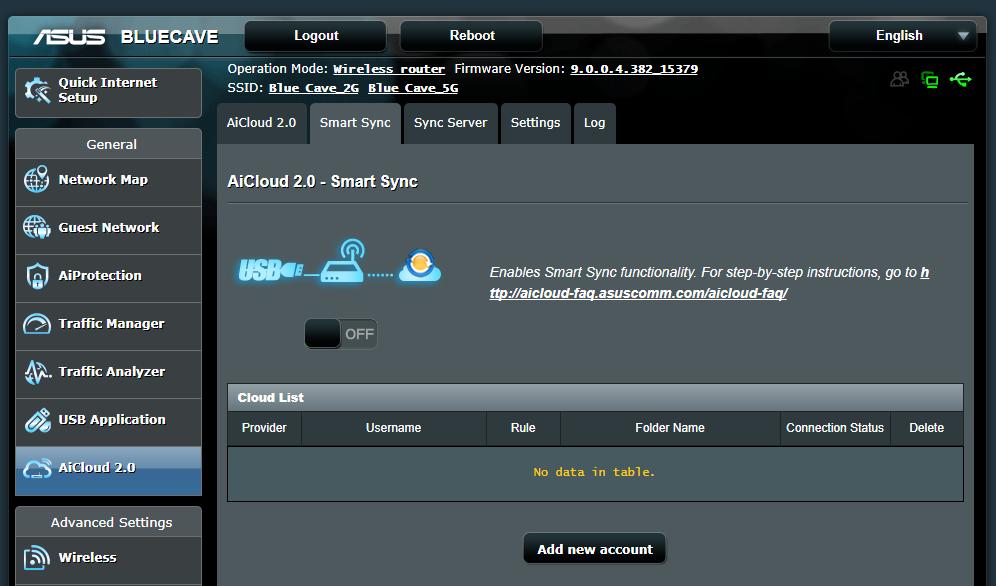 3.7.3 Smart Sync Για να χρησιμοποιήσετε το Smart Sync: 1. Εκκινήστε το AiCloud 2.0 και κάντε κλικ στο Smart Sync (Έξυπνος συγχρονισμός). 2. Επιλέξτε ON (ΕΝΕΡΓ.) για να ενεργοποιήσετε το Smart Sync. 3.