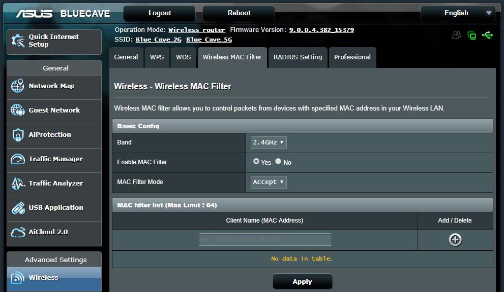 4.1.4 Φίλτρο MAC ασύρματου δικτύου Το φίλτρο MAC ασύρματου δικτύου παρέχει έλεγχο στα πακέτα που μεταδίδονται σε μια συγκεκριμένη διεύθυνση MAC (Media Access Control - Έλεγχος πρόσβασης μέσων) στο