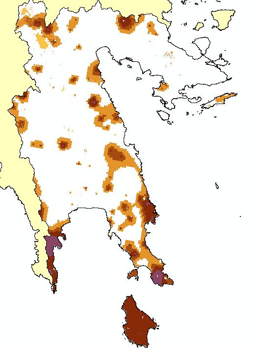 Σχήμα 7.6: Χαρτογραφική απεικόνιση του συντελεστή διαχείρισης των εδαφών κατά της διάβρωσης (P) Από το Σχήμα 7.