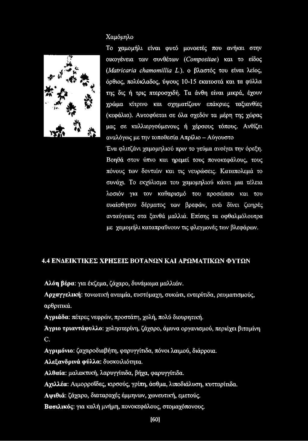Καταπολεμά το συνάχι. Το εκχύλισμα του χαμομηλιού κάνει μια τέλεια λοσιόν για τον καθαρισμό του προσώπου και του ευαίσθητου δέρματος των βρεφών, ενώ δίνει ζωηρές ανταύγειες στα ξανθά μαλλιά.