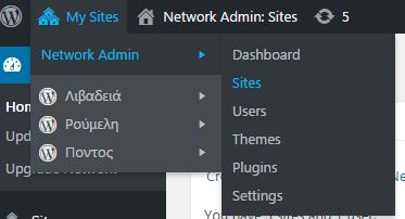 Τώρα έχετε πρόσβαση στο μενού My Sites στην κορυφή του admin bar. Για να προσθέσετε ένα νέο site μεταφερθείτε στο My Sites > Network Admin > Sites και κάντε κλικ στο Προσθήκη νέου.