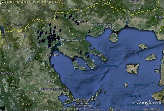 Χάπηηρ 2: Σημεία Εύπεζηρ Ενήλικων Αnopheles ζηην Πεπιθέπεια Κενηπικήρ Μακεδονίαρ πεπίοδορ Μάιορ Οκηώβπιορ 2012 (ηα ζημεία σποδηλώνονηαι με μαύρες πινέζες) ΙΙΙ.