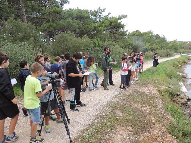 Εικόνα 14. Παρατήρηση πουλιών στη λιμνοθάλασσα του Κούταβου. Figure 14. Birdwatching in Koutavos lagoon, Argostoli. Εικόνα 15. Περιβαλλοντική Εκπαίδευση μαθητών δευτεροβάθμιας εκπαίδευσης στον Αίνο.