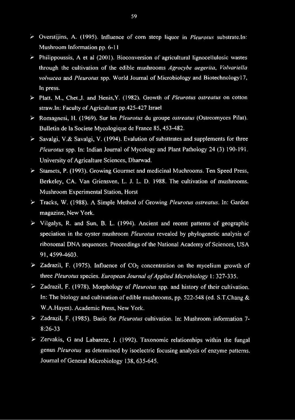 Evalution of substtrates and supplements for three Pleurotus spp. In: Indian Journal of Mycology and Plant Pathology 24 (3) 190-191. University of Agricalture Sciences, Dharwad. > Stamets, P. (1993).