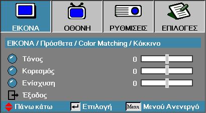 Χειριστήρια χρήστη Εικόνα Πρόσθετα Color Matching Χρώματα (Εκτός από Λευκό) Πατήστε για να επιλέξετε ένα χρώμα και πατήστε Enter για να προσαρμόσετε την απόχρωση, τον κορεσμό, και τις ρυθμίσεις