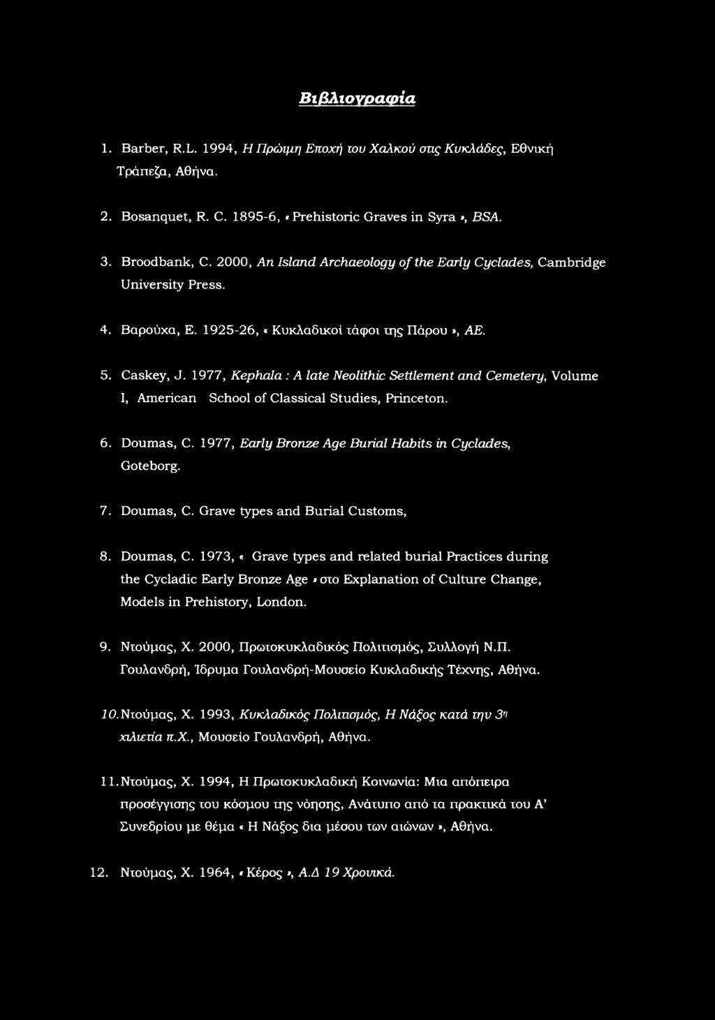177, Kephl : A lte Nelithic Settlement nd Cemetery, Vlume I, Americn Schl f Clssicl Studies, Princetn. 6. Dums, C. 177, Erly Brnze Age Buril Hbits in Cycldes, Gtebrg. 7. Dums, C. Grve types nd Buril Custms, 8.