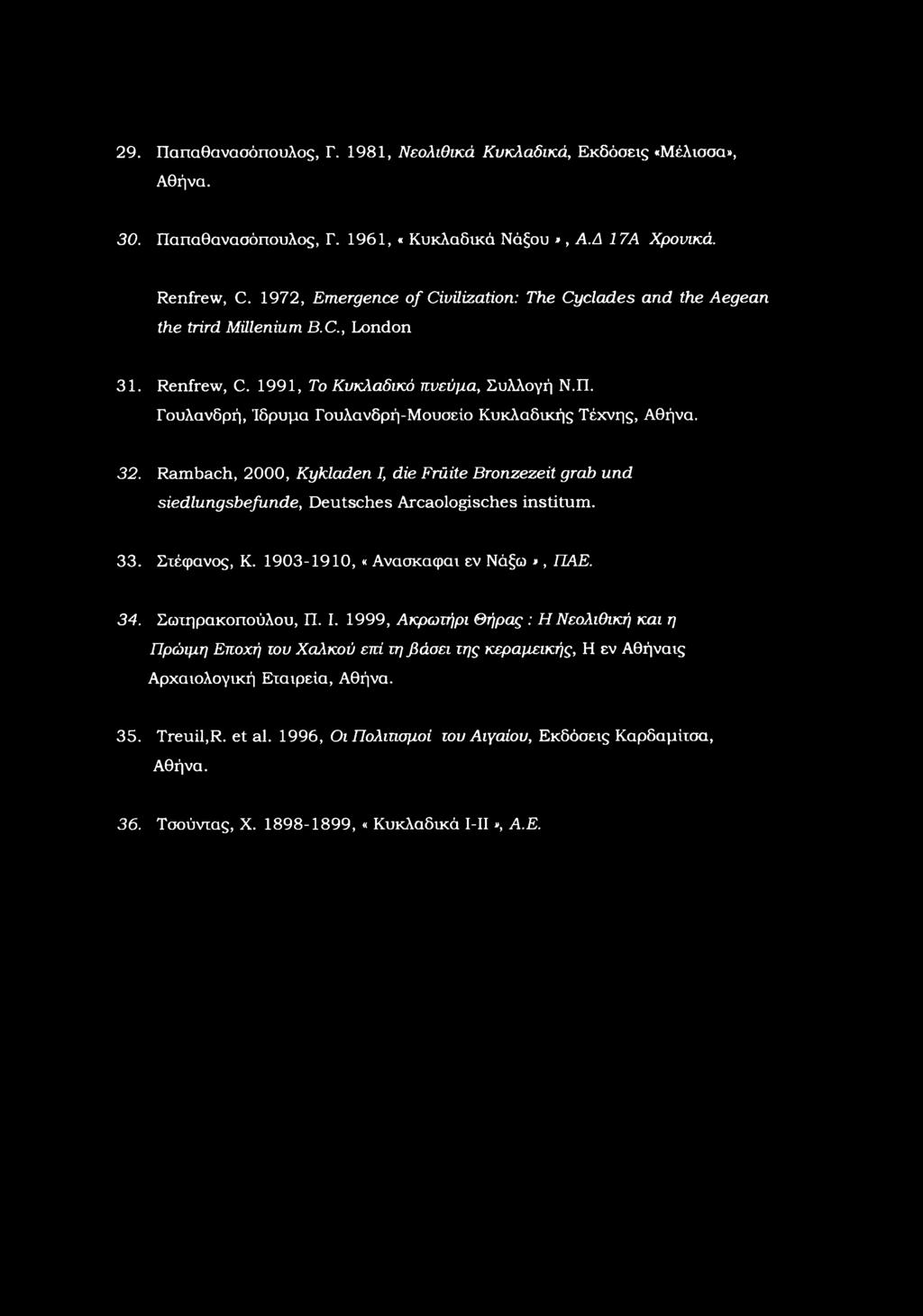 Rmbch, 2000, Kyklden I, die Frilite Brnzezeit grb und siedlungsbefunde, Deutsches Arclgisches institum. 33. Στέφανς, K. 103-110, «Ανασκαφαι εν Νάξω *, ΠΑΕ. 34. Σωτηρακπύλυ, Π. I. 1, Ακρωτήρι Θήρας : Νελιθική και η Πρώιμη Επχή τυ Χαλκύ επί τη βάσει της κεραριεικής, εν Αθήναις Αρχαιλγική Εταιρεία, Αθήνα.