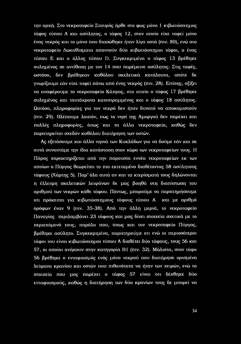 Στις ταφές, ωστόσ, δεν βρέθηκαν καθόλυ σκελετικά κατάλιπα, πότε δε γνωρίζυμε εάν είχε ταφεί πάνω από ένας νεκρός (πιν. 28).