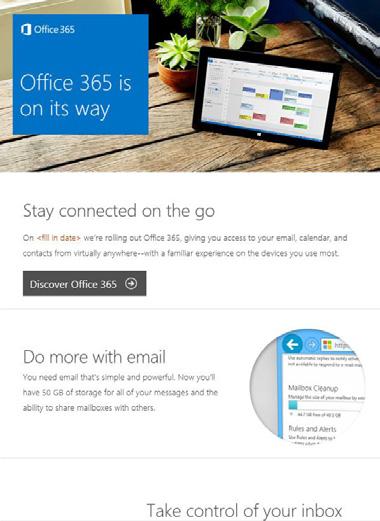 For example, Join our weekly lunch and learn every Monday at noon in the cafeteria. > Visit the Office 365 Training Center at aka.ms/o365learning.