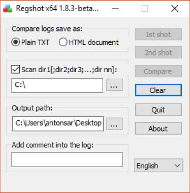 8.3.3 Ανάλυση Registry Το σύστημα εξετάστηκε με το εργαλείο Regshot που είναι σε θέση να συγκρίνει δύο καταστάσεις της Registry, πριν και μετά την εκτέλεση κάθε εκδοχής του επιβλαβούς λογισμικού