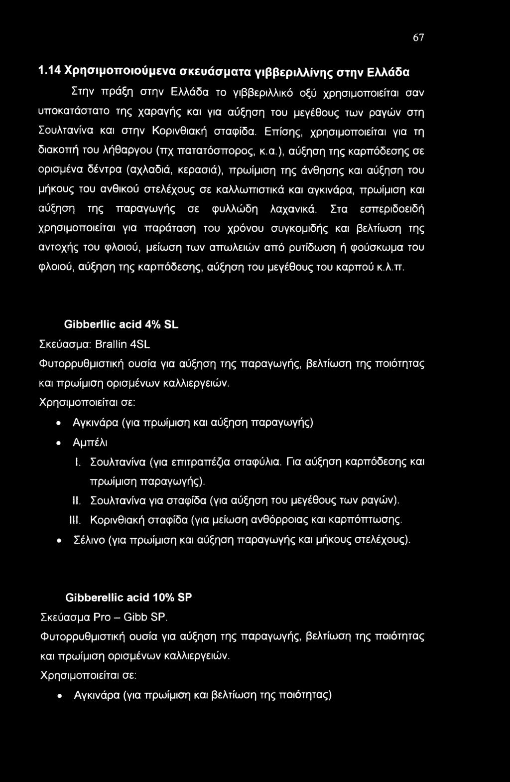 ίνα και στην Κορινθιακή σταφίδα. Επίσης, χρησιμοποιείται για τη διακοπή του λήθαργου (πχ πατατόσπορος, κ.α.), αύξηση της καρπόδεσης σε ορισμένα δέντρα (αχλαδιά, κερασιά), πρωίμιση της άνθησης και