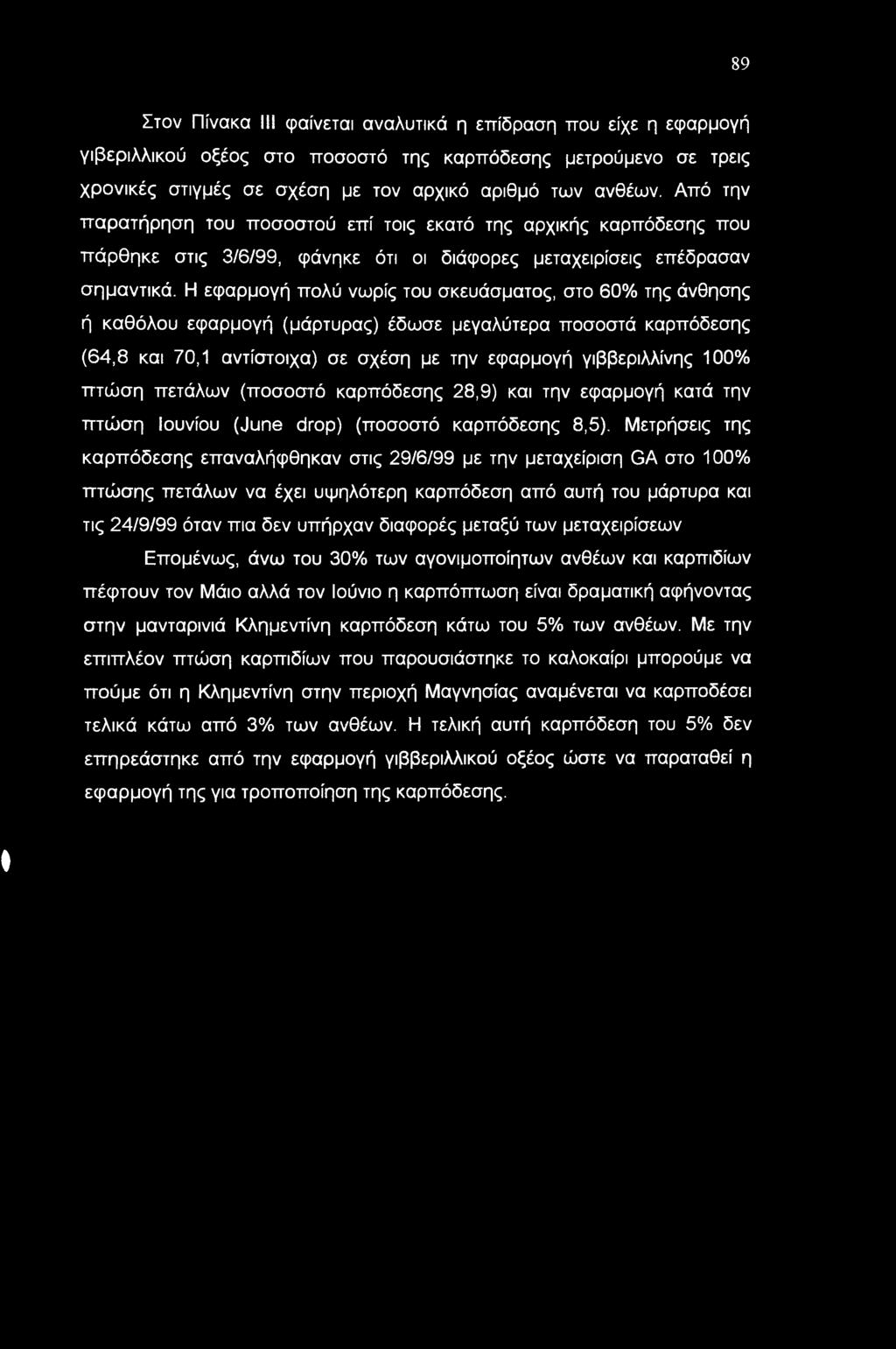 Η εφαρμογή πολύ νωρίς του σκευάσματος, στο 60% της άνθησης ή καθόλου εφαρμογή (μάρτυρας) έδωσε μεγαλύτερα ποσοστά καρπόδεσης (64,8 και 70,1 αντίστοιχα) σε σχέση με την εφαρμογή γιββεριλλίνης 100%