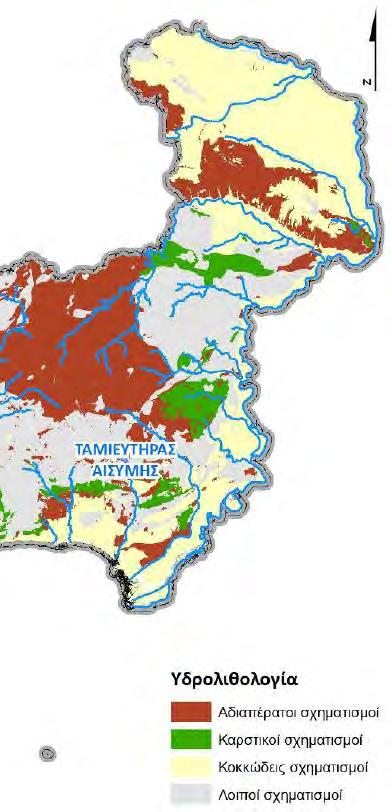 Στην ακόλουθη Εικόνα 6.1.3-2, παρουσιάζεται η υδρολιθολογία της περιοχής μελέτης. Εικόνα 6.1.3-2: Υδρολιθολογικός χάρτης περιοχής μελέτης.