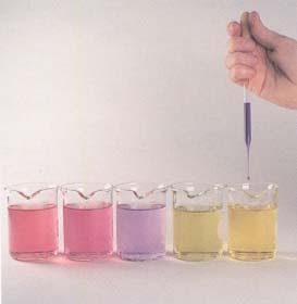 Το ποτήρι (πράσινο διάλυμα) περιέχει χυμό από κόκκινο λάχανο και υδρογονανθρακικό νάτριο.