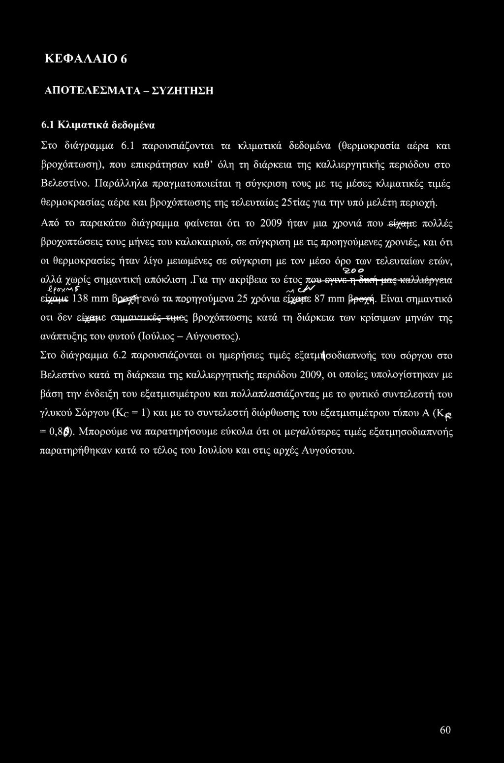 Παράλληλα πραγματοποιείται η σύγκριση τους με τις μέσες κλιματικές τιμές θερμοκρασίας αέρα και βροχόπτωσης της τελευταίας 25τίας για την υπό μελέτη περιοχή.