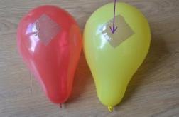 Ο δάσκαλος ζητά από τους μαθητές να φουσκώσουν δύο μπαλόνια διαφορετικού μεταξύ τους χρώματος και να βάλουν αυτοκόλλητη ταινία ή αυτοκόλλητο, αν τα φουσκωμένα μπαλόνια
