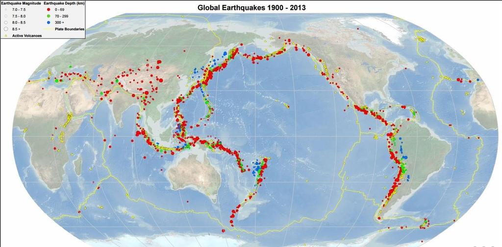 1.3 Σεισμικές ζώνες της Γης Στην παρακάτω εικόνα φαίνεται η γεωγραφική κατανομή των επικέντρων σεισμών για τα έτη 1900 έως 2013 με βάθη: i. Από 0 69 km (επιφανειακοί σεισμοί) ii. iii.