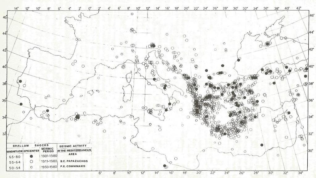 Εικόνα 31: Χάρτης κατανομής των επικέντρων επιφανειακών σεισμών στην Μεσόγειο κατά την χρονική περίοδο 1900-1980 (Πηγή: Παπαζάχος και Παπαζάχου 1989) Μια καλύτερη εικόνα της κατανομής της