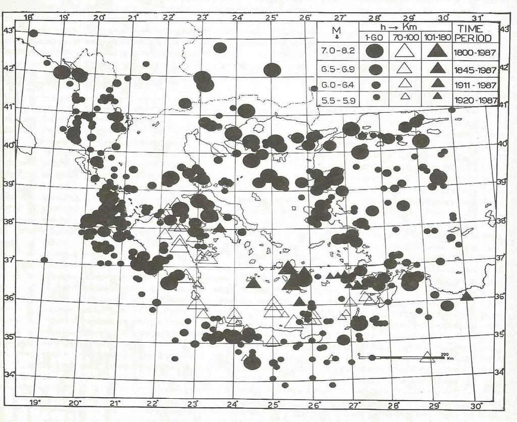 Εικόνα 32: Κατανομή επικέντρων σεισμών επιφανειακού και ενδιάμεσου βάθους κατά την χρονική περίοδο 1800-1987 (Πηγή: Παπαζάχος και Παπαζάχου 1989) Σύμφωνα με τον Παπαζάχο και Κομνηνάκη (1978), η