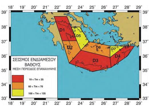 Εικόνα 35: Γεωγραφική κατανομή της μέσης περιόδου επανάληψης σεισμών μεγέθους Μ 6.5 στις σεισμικές πηγές των σεισμών ενδιάμεσου βάθους (Πηγή: http://library.tee.