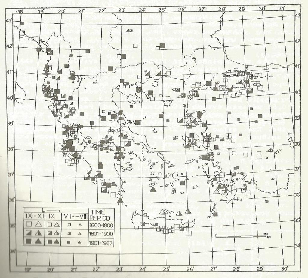 της Ελλάδας, από το 1600 μέχρι το 1987, έπειτα από έρευνα των Παπαζάχος και Παπαζάχου (2003). Απεικονίζονται δηλαδή οι σεισμοί έντασης μεγαλύτερης ή ίσης του 8 (VIII).
