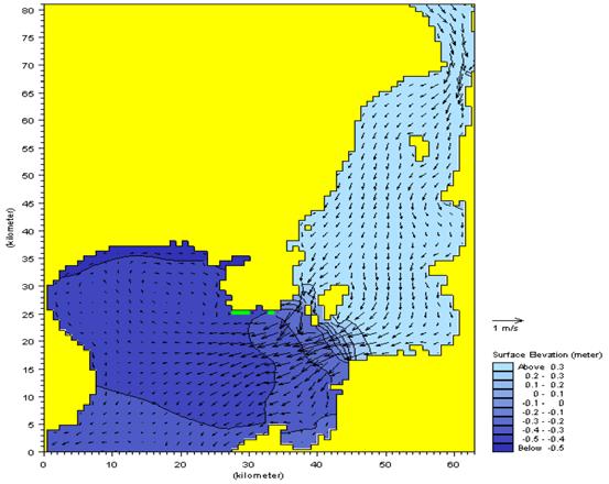 Σχήµα 9.2: Παράδειγµα επιφανειακών ταχυτήτων ροής µε τη χρήση του λογισµικού ΜΙΚΕ21 (Πηγή: http://www.hydroasia.