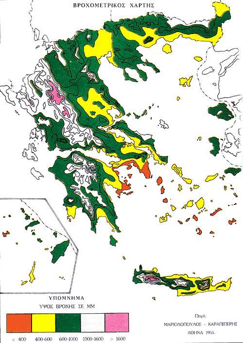 Περιοχή ΥΔ Κρήτης Εικόνα 6-1: Βροχομετρικός χάρτης Ελλάδας (Μαρκόπουλος Καραππέρης, 1955) Τα παραπάνω επιβεβαιώνονται και από τις μετρήσεις που έγιναν στους Μ.Σ. οι οποίοι ελήφθησαν υπόψη.