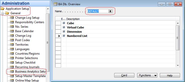 ην module Administration επηιέγνπκε ην Application Setup General Business Analytics Setup. ηελ νζφλε BA Db Overview πξέπεη λα ξπζκίζνπκε ηελ επηινγή DEFAULT.