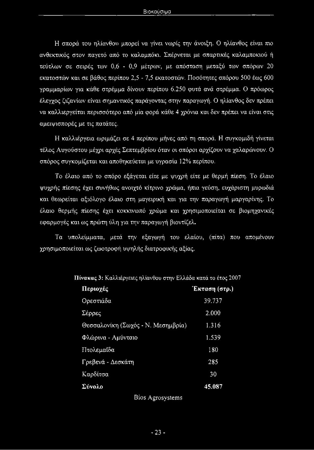 Ποσότητες σπόρου 500 έως 600 γραμμαρίων για κάθε στρέμμα δίνουν περίπου 6.250 φυτά ανά στρέμμα. Ο πρόωρος έλεγχος ζιζανίων είναι σημαντικός παράγοντας στην παραγωγή.