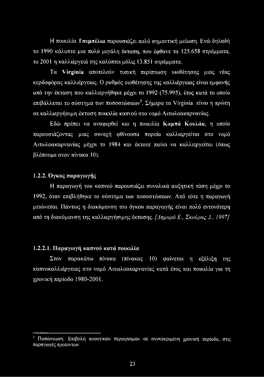 995), έτος κατά το οποίο επιβάλλεται το σύστημα των ποσοστώσεων5. Σήμερα τα Virginia είναι η πρώτη σε καλλιεργήσιμη έκταση ποικιλία καπνού στο νομό Αιτωλοακαρνανίας.