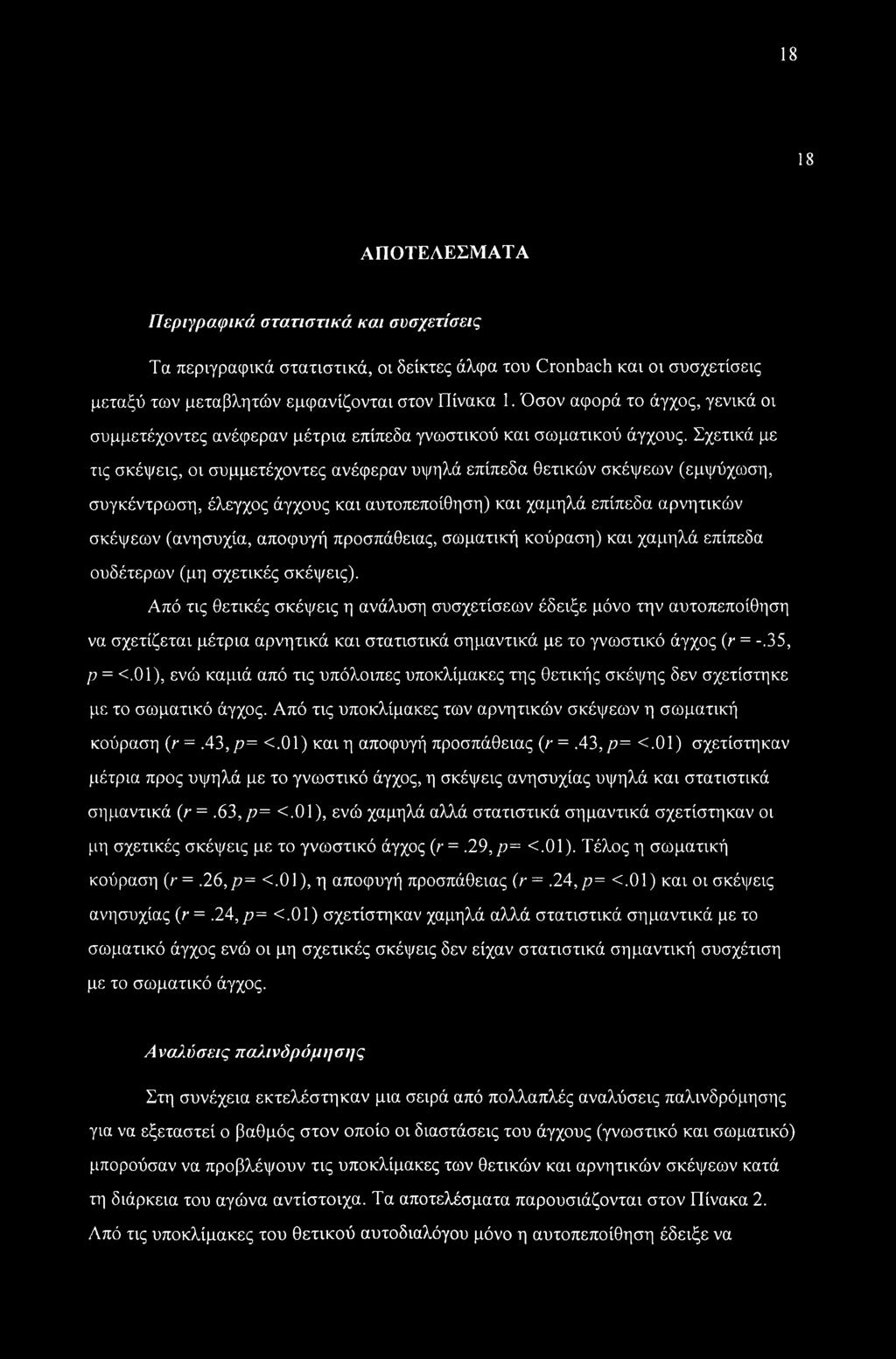 Σχετικά με τις σκέψεις, οι συμμετέχοντες ανέφεραν υψηλά επίπεδα θετικών σκέψεων (εμψύχωση, συγκέντρωση, έλεγχος άγχους και αυτοπεποίθηση) και χαμηλά επίπεδα αρνητικών σκέψεων (ανησυχία, αποφυγή