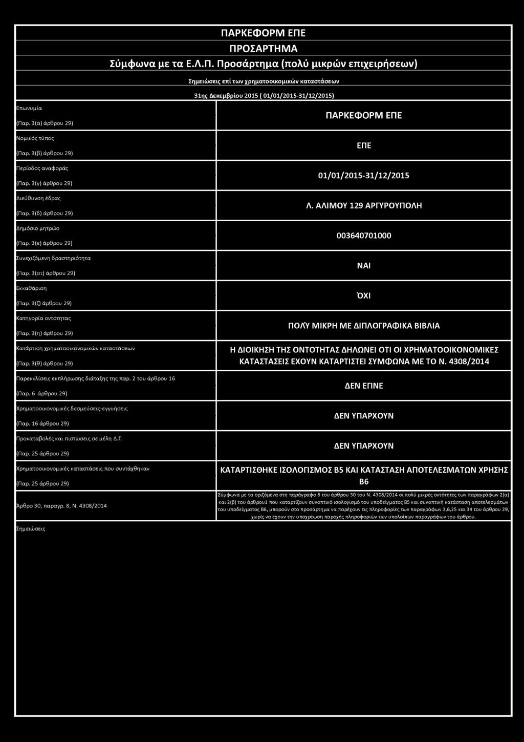 3(στ) άρθρου 29) Εκκαθάριση (Παρ. 3(ζ) άρθρου 29) Κατηγορία οντότητας (Παρ. 3(η) άρθρου 29) Κατάρτιση χρηματοοικονομικώ ν καταστάσεων (Παρ. 3(θ) άρθρου 29) Παρεκκλίσεις εκπλήρω σης διάταξης της παρ.