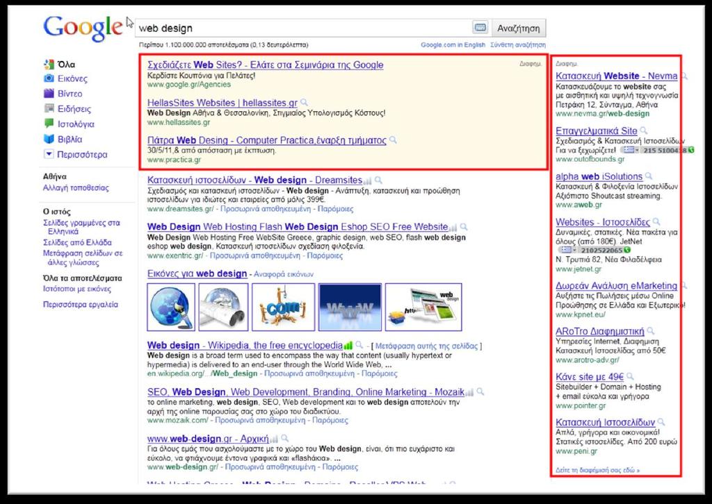 Τα αποτελέσματα που εμφανίζονται στο πάνω μέρος και στα δεξιά της οθόνης είναι οι διαφημίσεις του AdWords.