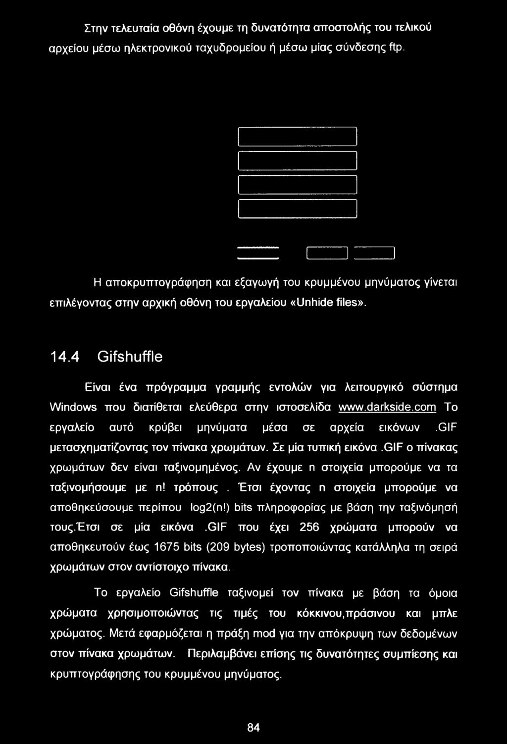 4 Gifshuffle Είναι ένα πρόγραμμα γραμμής εντολών για λειτουργικό σύστημα Windows που διατίθεται ελεύθερα στην ιστοσελίδα www.darkside.com Το εργαλείο αυτό κρύβει μηνύματα μέσα σε αρχεία εικόνων.