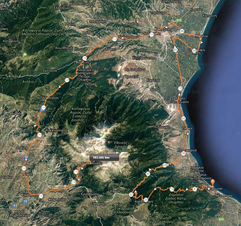 Απόσταση 182.510 km Συνολική Αναβαση/Καταβαση 4105 m / 2003 m Χαμηλότερο σημείο-1 m (at 89.82 km) Υψηλότερο σημείο Ανηφόρα Κατηφόρα Επίπεδη διαδρομή 1715 m (at 183.51 km) 91.53 km (49.