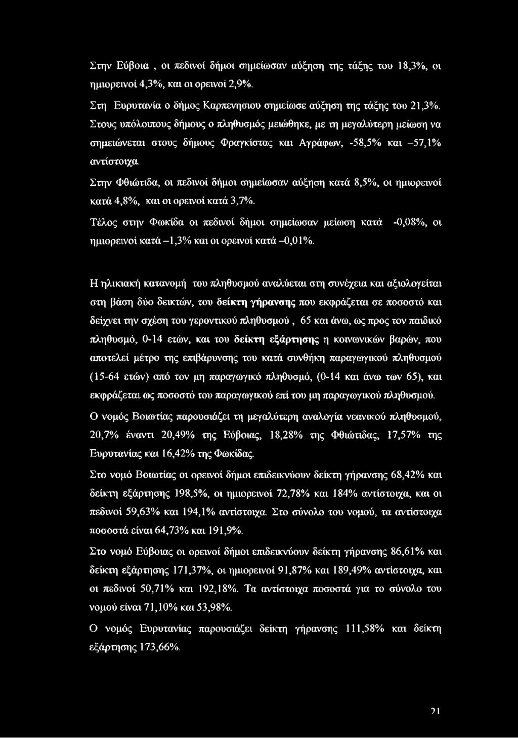 Στην Φθιώτιδα, οι πεδινοί δήμοι σημείωσαν αύξηση κατά 8,5%, οι ημιορεινοί κατά 4,8%, και οι ορεινοί κατά 3,7%.