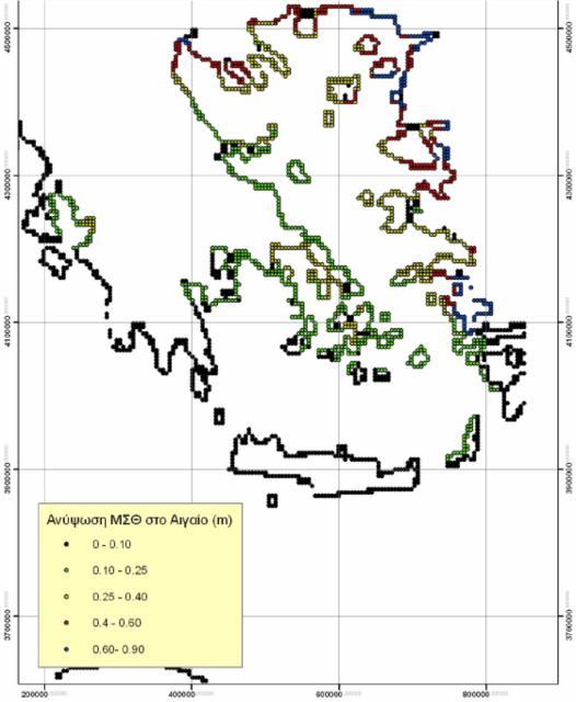 4.2.1.3.2 νύψωση ΜΣΘ από αστρονομική παλίρροια Για τις ανάγκες της παρούσας μελέτης, η αστρονομική παλίρροια εκτιμάται ότι δίνει ανυψώσεις της ΜΣΘ για όλο το μήκος της ακτογραμμής της τάξης των 0.10μ.